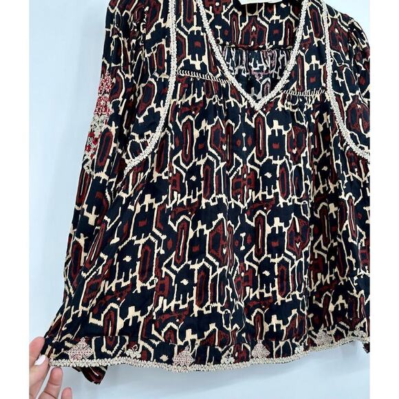 Anthropologie Maeve Veda Embroidered Blouse Size XSP  Brown Motif - Picture 7 of 10